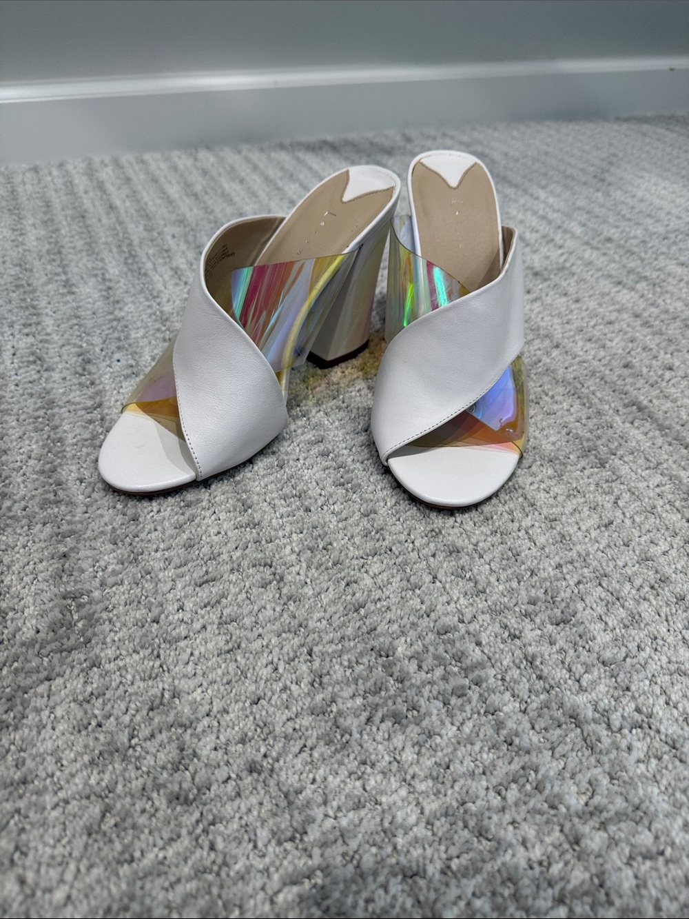 Leith White Iridescent Cross Strap Block Heel Mules